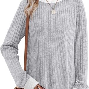 Light Gray Ribbed Crew Neck Sweater - Women's Cozy Knit